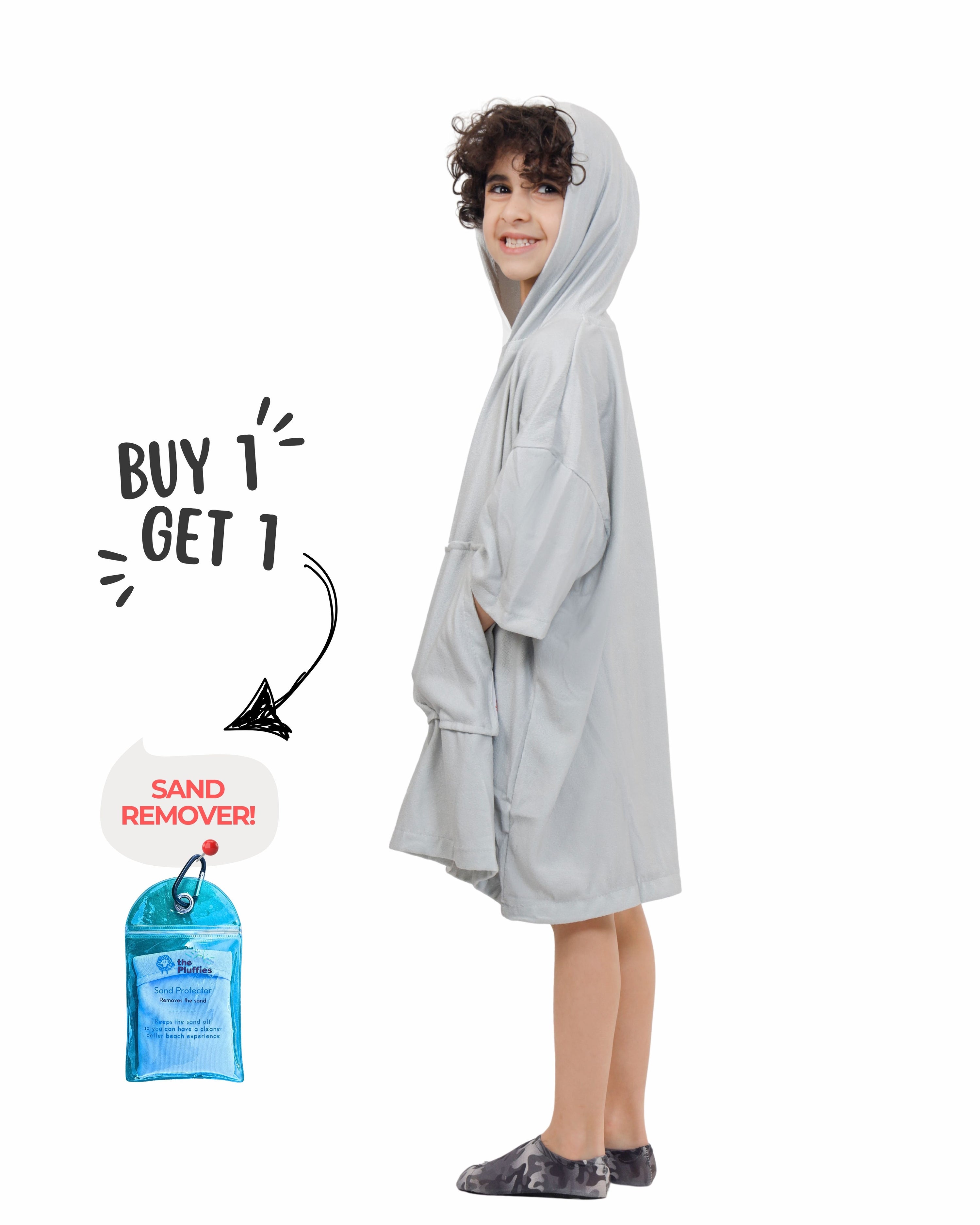 Grey Kids Towel Poncho + FREE Sand Remover
